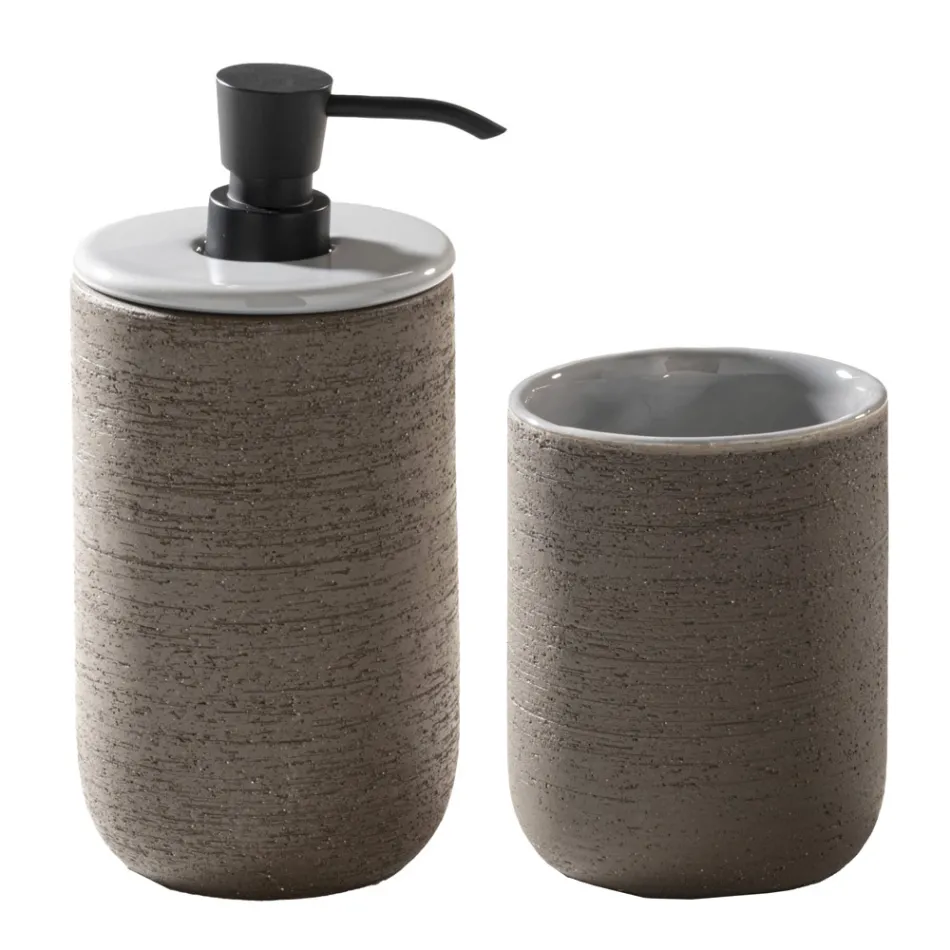 Composition de salle de bain grise avec miroir, meuble en teck et accessoires - Patryk Viadurini