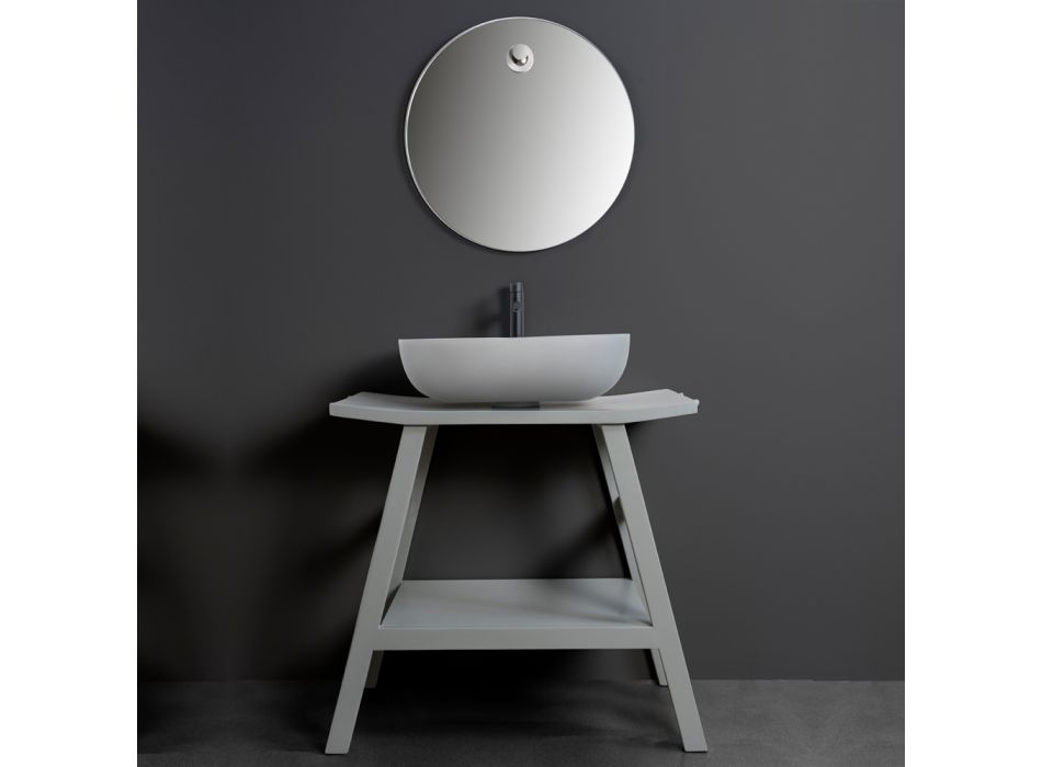 Composition de salle de bain grise avec miroir, meuble en teck et accessoires - Patryk Viadurini