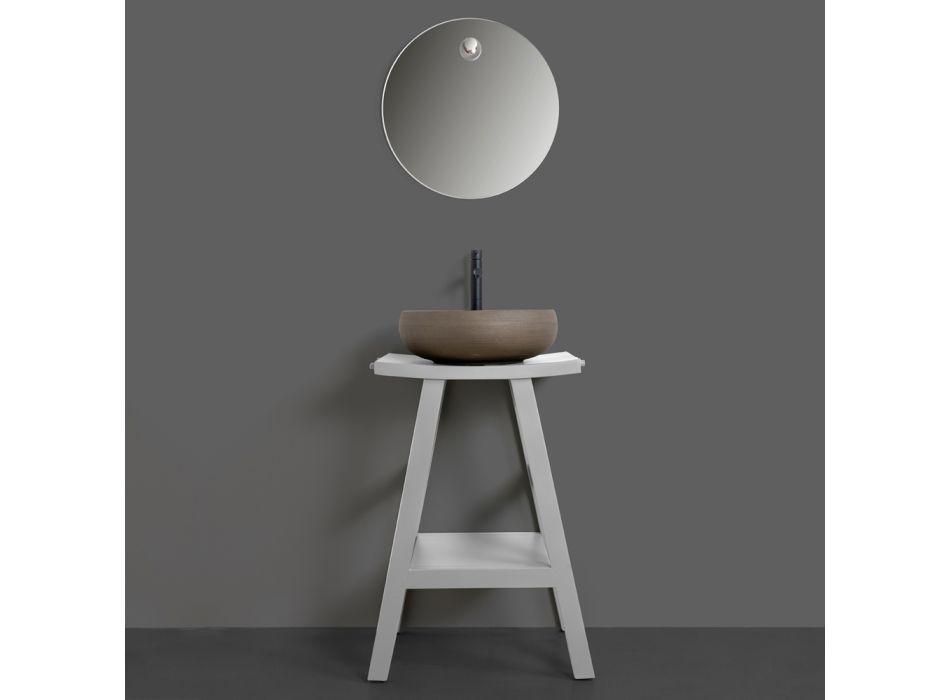 Composition de salle de bain grise avec miroir rond et divers accessoires - Maryse Viadurini