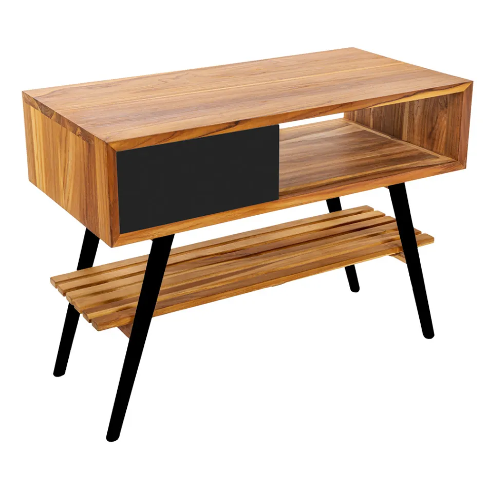 Composition de salle de bain noire avec meuble en teck et accessoires de qualité - Sylviane Viadurini