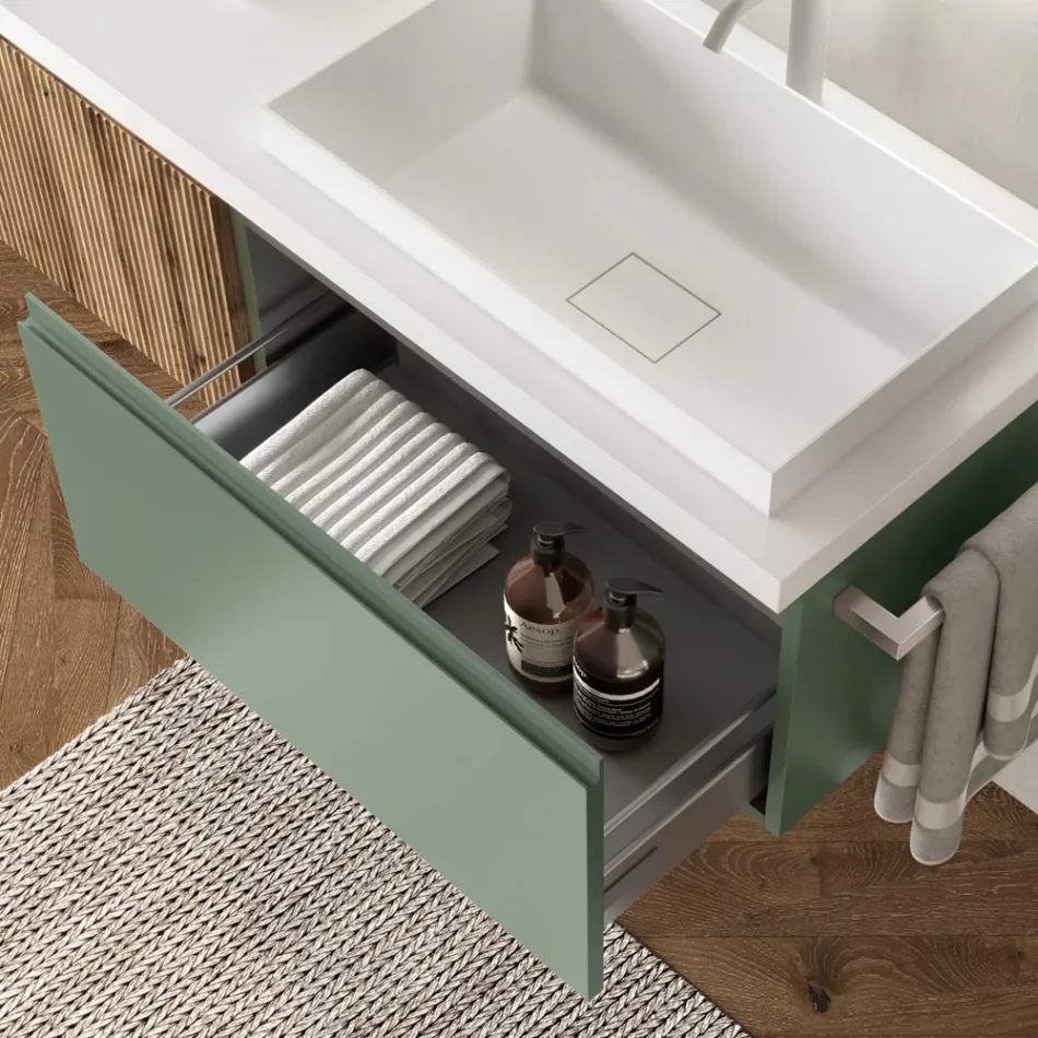 Composition de salle de bain vert sauge et chêne cannettato Made in Italy - Uranus Viadurini