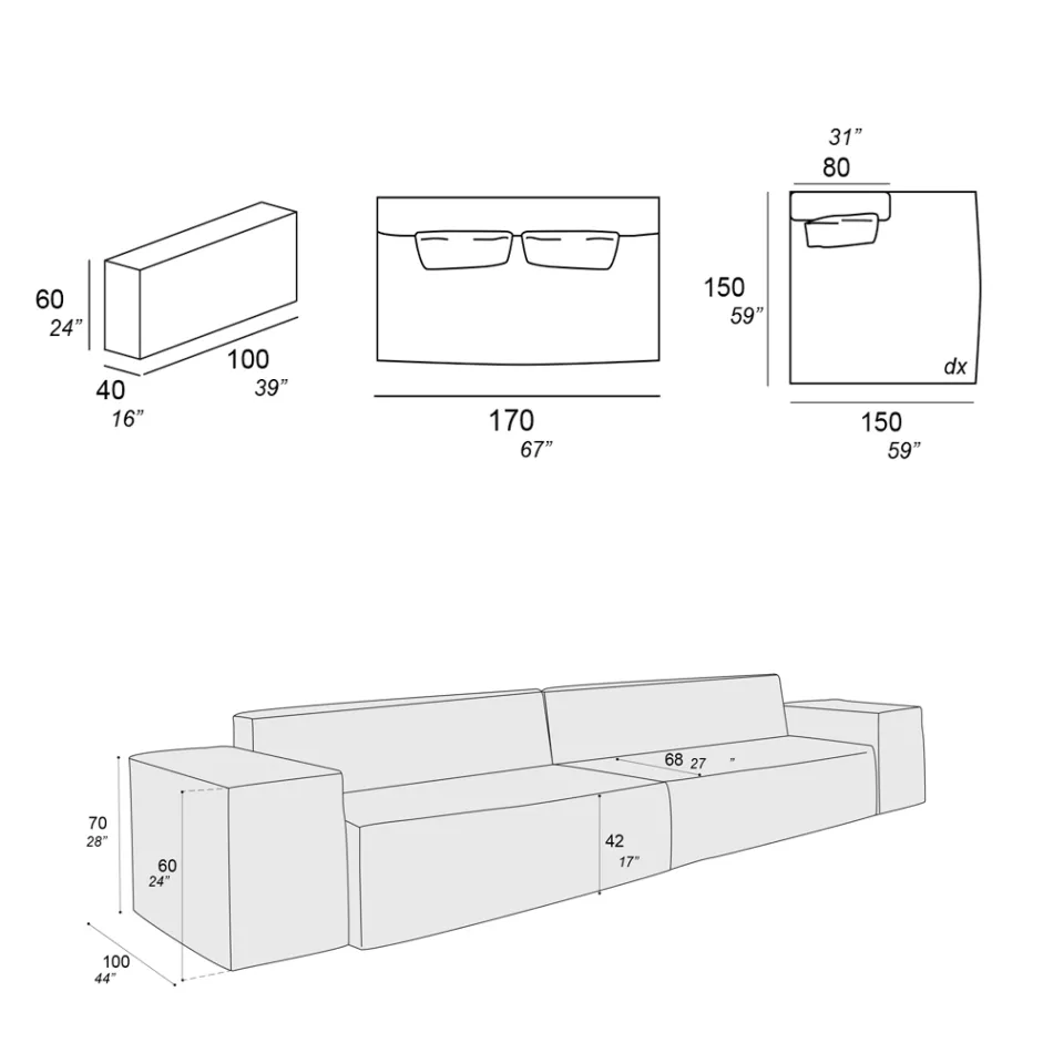 Composition de 1 Canapé, 1 Accoudoir et 1 Péninsule - Bizarre Viadurini