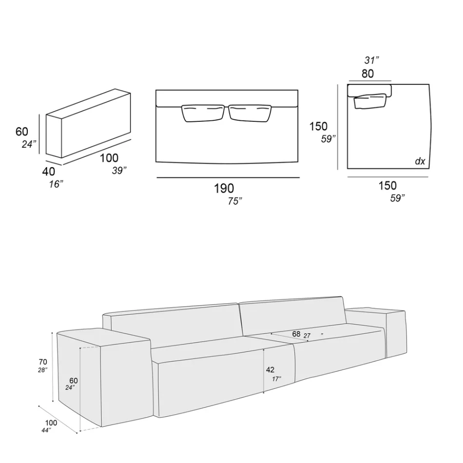 Composition de 1 Canapé, 1 Accoudoir et 1 Péninsule - Bizarre Viadurini