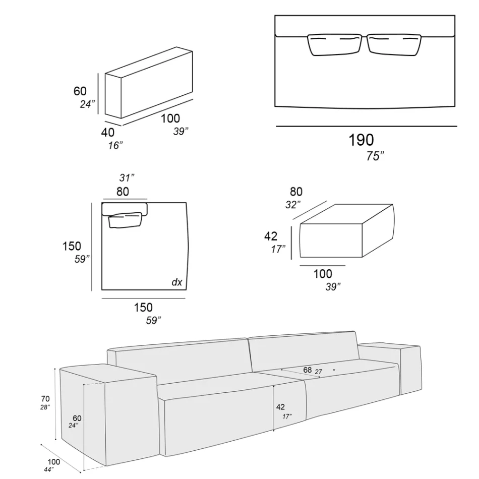 Composition de 1 Pouf avec Dossier, 1 Pouf et 1 Péninsule - Bizarre Viadurini