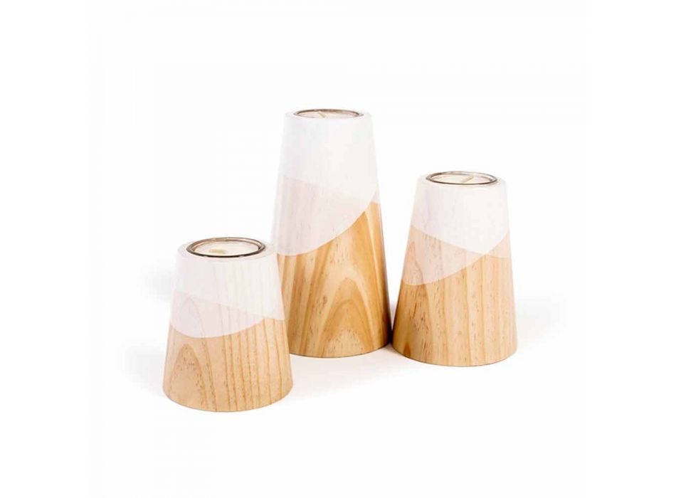 Composition de 3 bougeoirs modernes en bois de pin massif - Blanc Viadurini