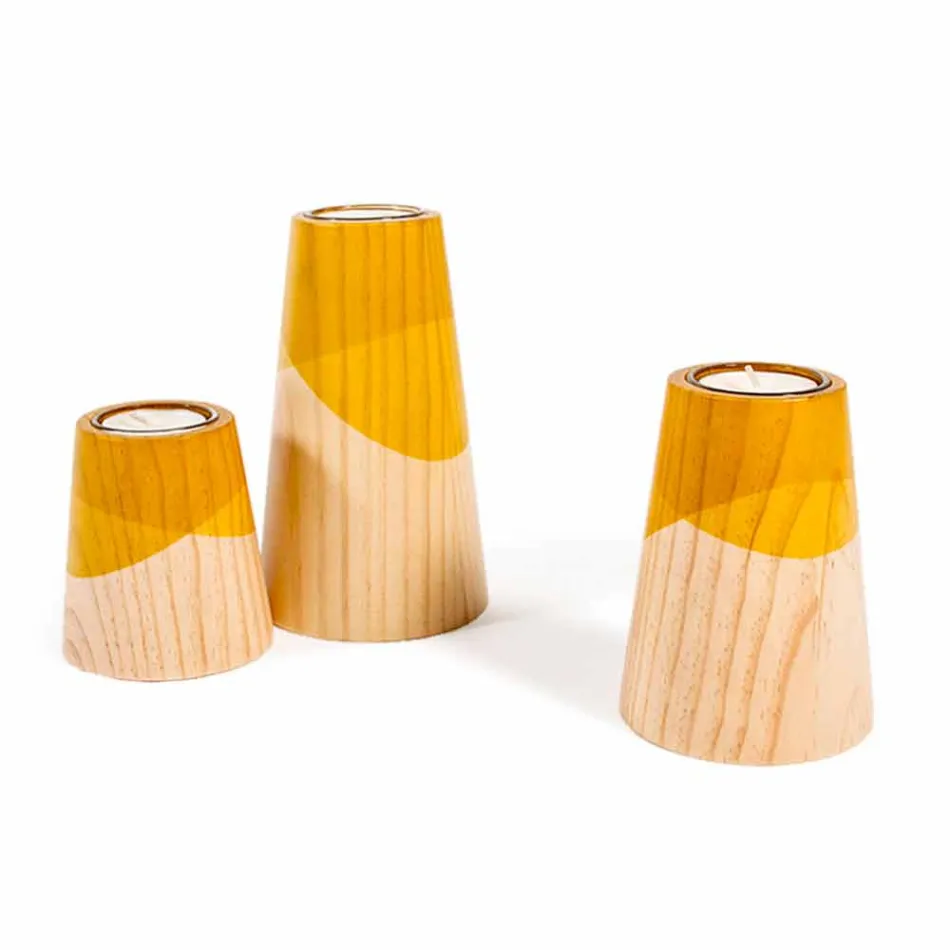 Composition de 3 bougeoirs modernes en bois de pin massif - Blanc Viadurini