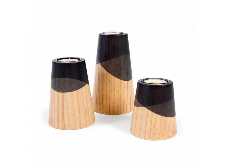 Composition de 3 bougeoirs modernes en bois de pin massif - Blanc Viadurini