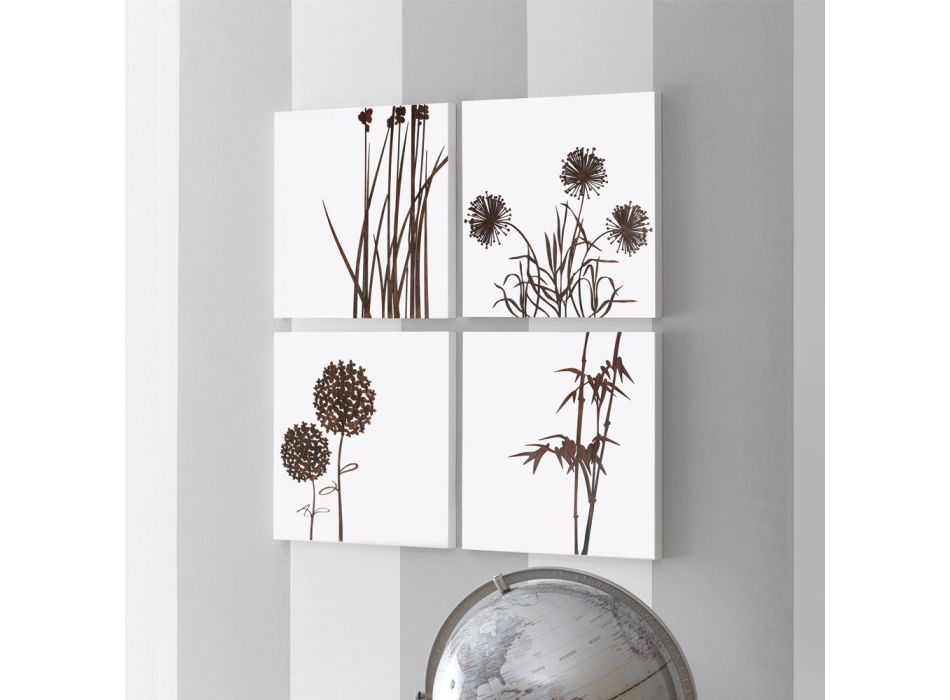 Composition de 4 Panneaux avec Hortensias, Allium et Thypha Made in Italy - Calcul Viadurini