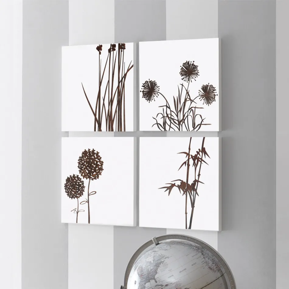 Composition de 4 Panneaux avec Hortensias, Allium et Thypha Made in Italy - Calcul Viadurini