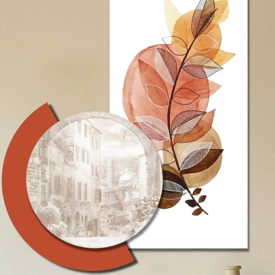 Composition de peintures en bois avec impressions de villes et de branches fabriquées en Italie - Chili Viadurini