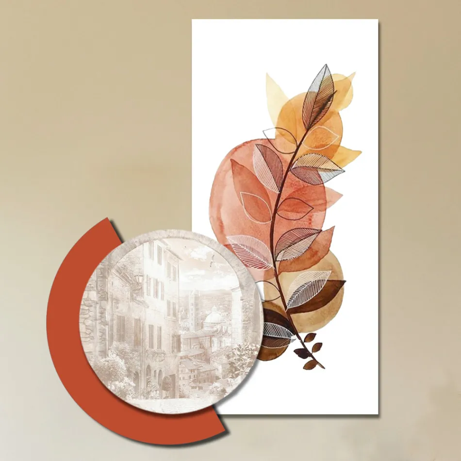 Composition de peintures en bois avec impressions de villes et de branches fabriquées en Italie - Chili Viadurini