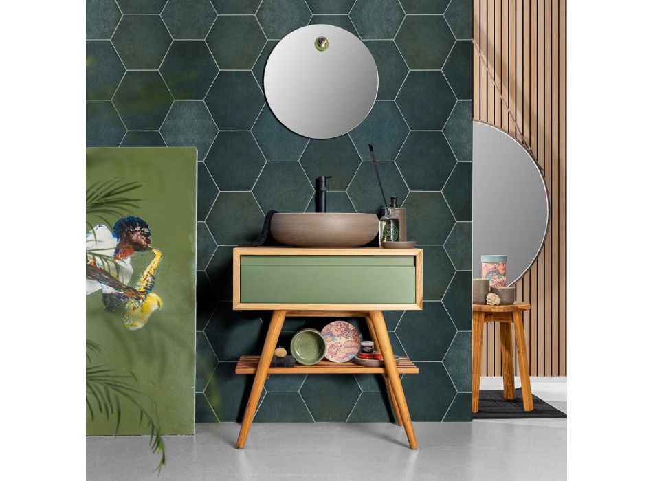 Composition de meuble de salle de bain vert avec meuble en teck et accessoires - Carolie Viadurini