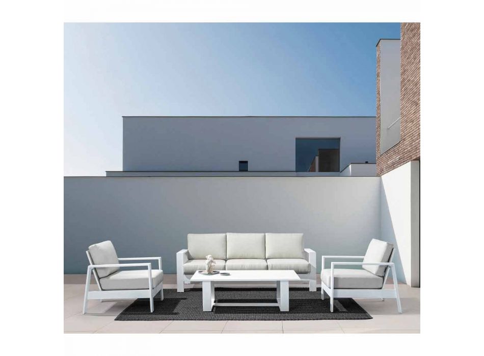 Composition de salon extérieur en aluminium avec coussins en tissu - Yoshi Viadurini