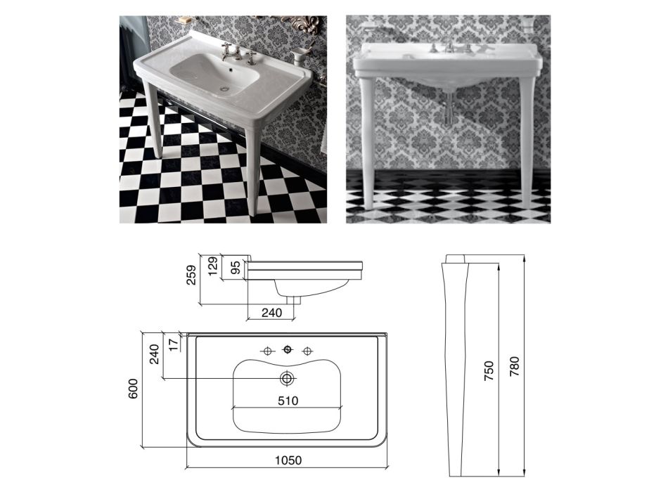 Console salle de bain en céramique blanche vintage avec pieds, fabriquée en Italie - Marwa Viadurini