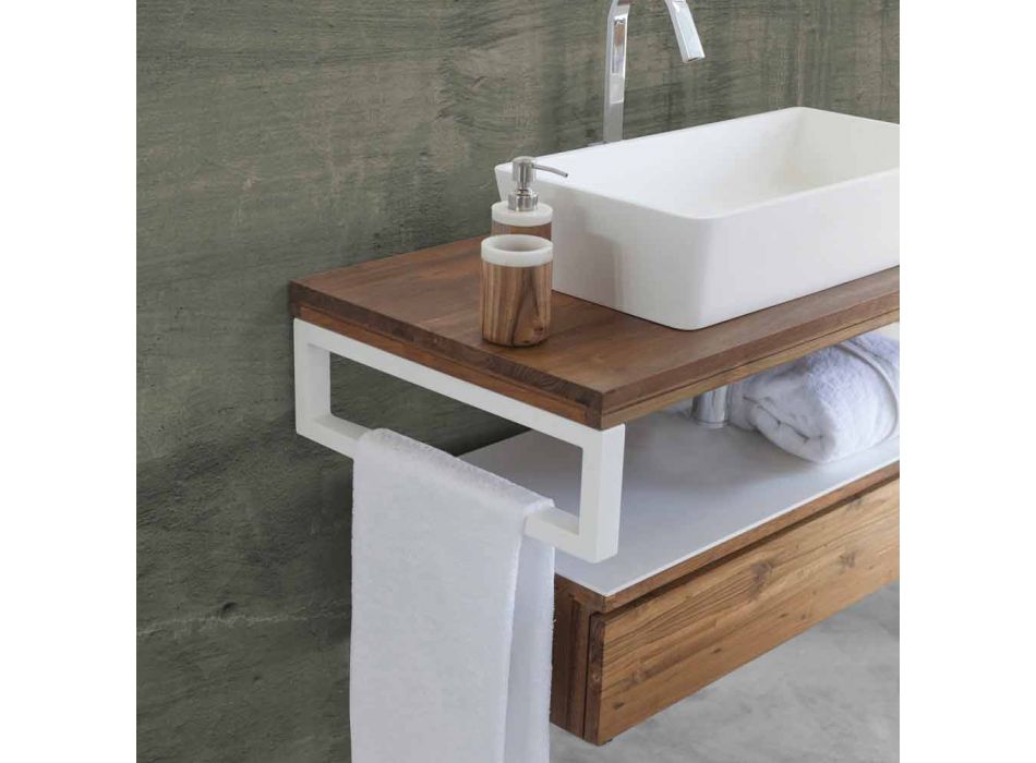 Console de salle de bain suspendue en teck et Hi Macs® avec tiroir de rangement - Rodolfo Viadurini