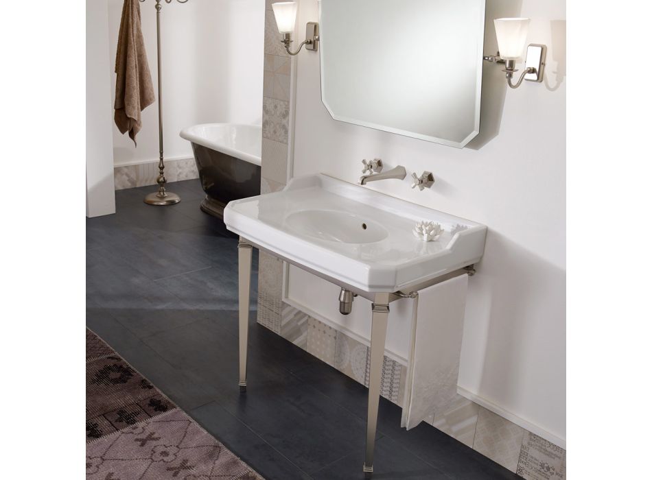 Console de salle de bain vintage 90 cm, céramique blanche, avec pieds Made in Italy - Nausica Viadurini