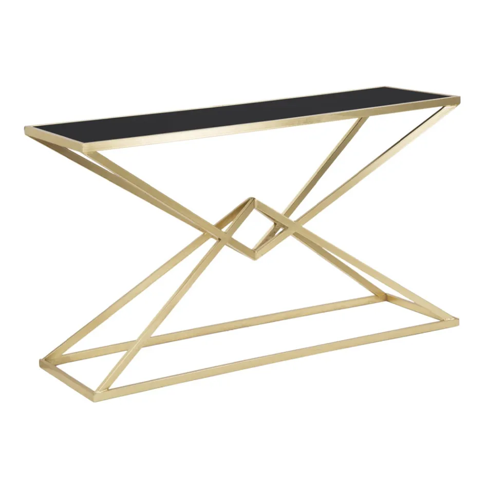 Console avec Structure en Métal Doré et Plateau en Verre Noir - Erythrée Viadurini