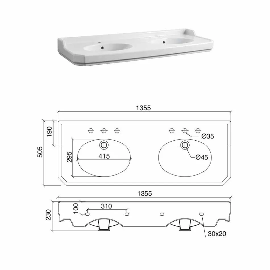 Console de salle de bain L 135 cm avec double vasque en céramique Made in Italy - Nausica Viadurini