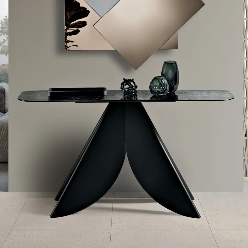 Console de salon en métal avec plateau en verre martelé argenté au dos - Cristina Viadurini