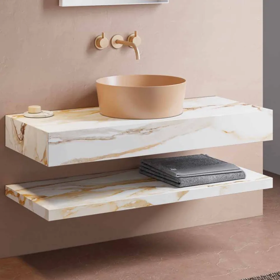 Console et étagère de salle de bain en Gres et lavabo en Vetrochina, 4 couleurs - Rametina Viadurini