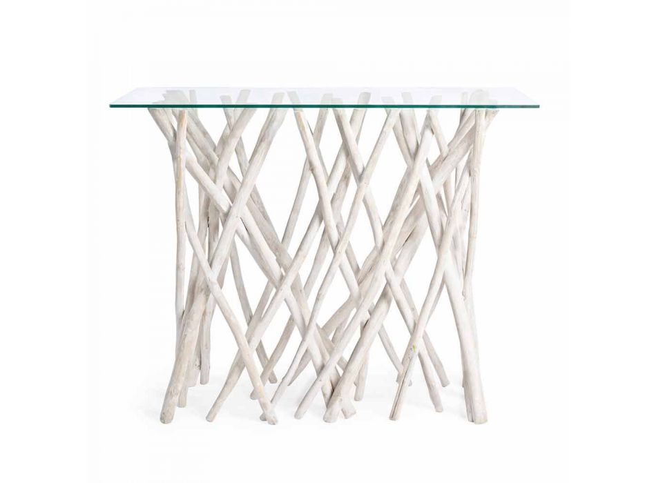 Consolle en bois de teck blanchi et plateau en verre design de luxe - Francesca Viadurini