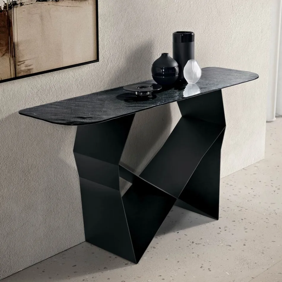 Console Concordia en métal et plateau en verre martelé avec dos argenté Viadurini