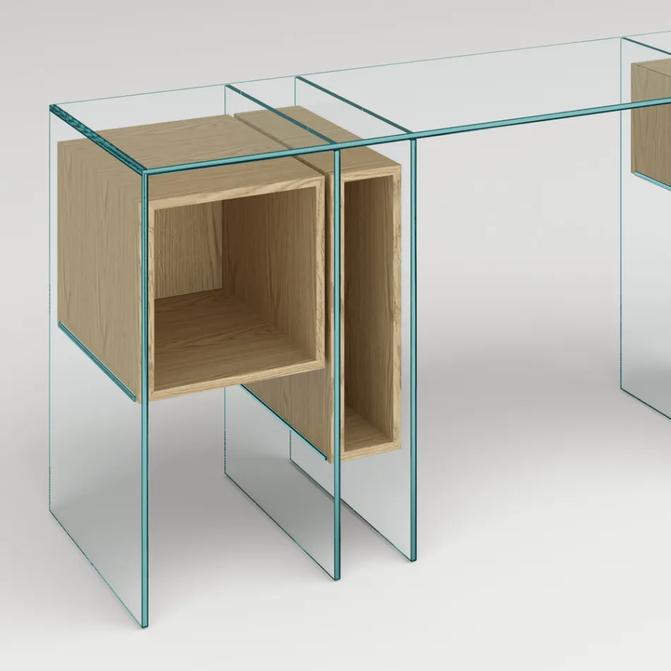 Bureau console en verre extra-clair et bois Made in Italy - Damiano Viadurini