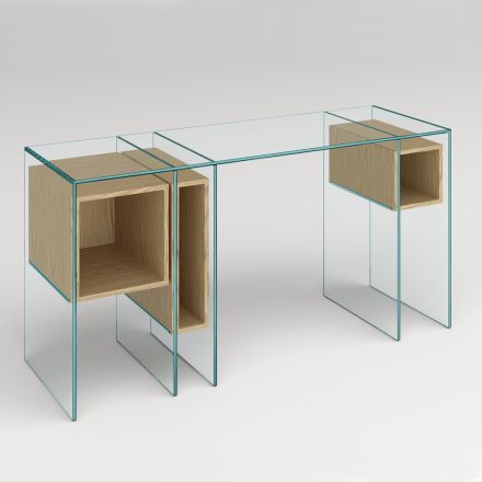 Bureau console en verre extra-clair et bois Made in Italy - Damiano Viadurini