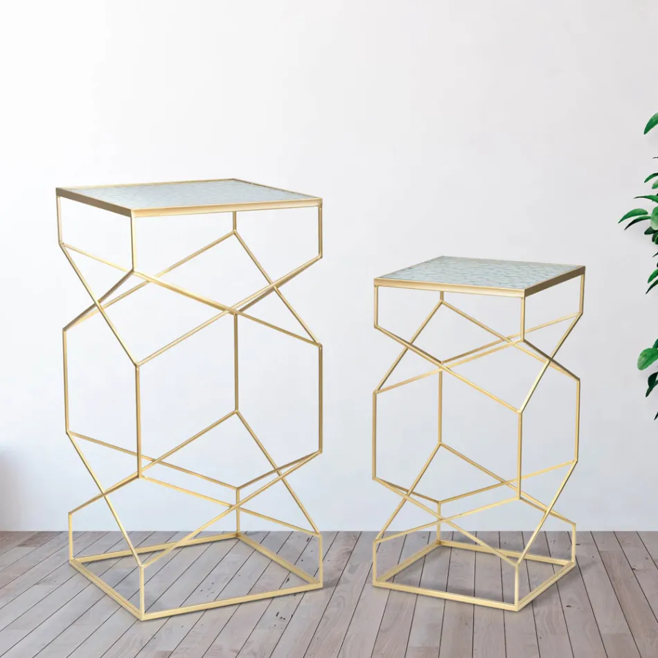 Paire de Tables de Téléphone Carrées en Fer Doré et Plateau en Verre - Pape Viadurini