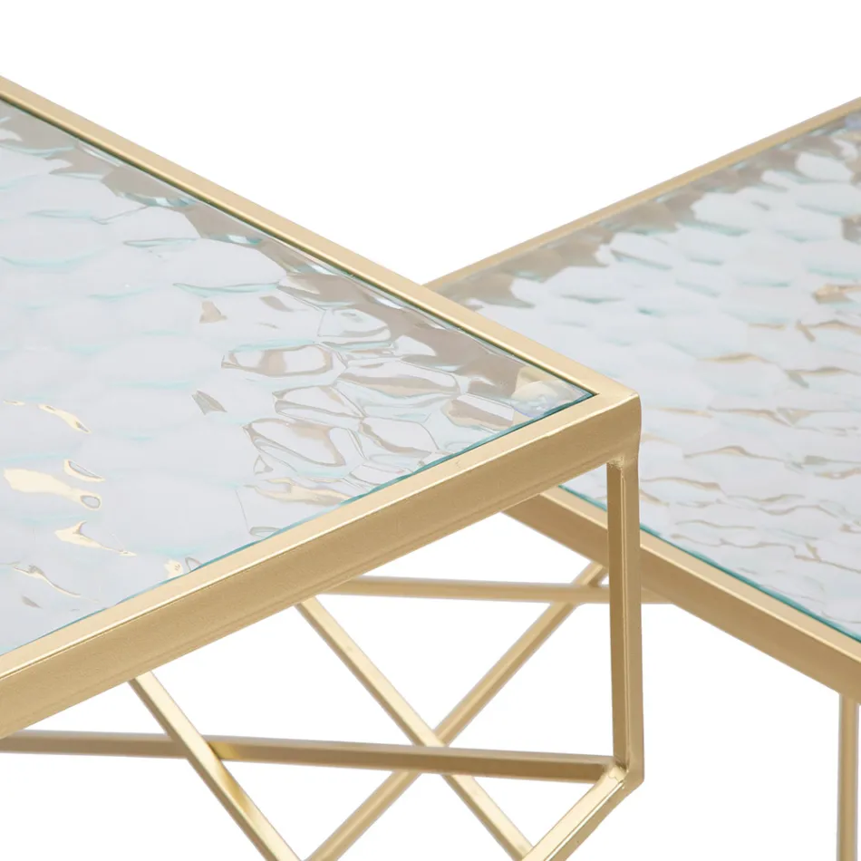 Paire de Tables Téléphoniques Carrées en Fer Doré et Plateau en Verre - Pape Viadurini