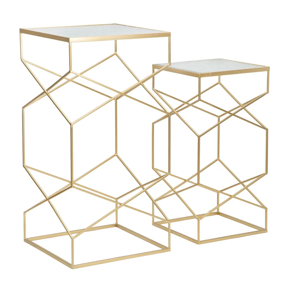 Paire de Tables Téléphoniques Carrées en Fer Doré et Plateau en Verre - Pape Viadurini