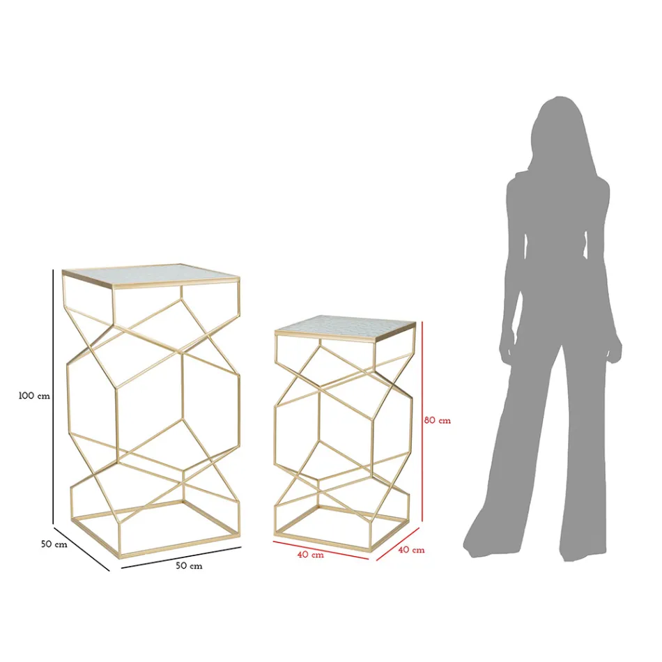 Paire de Tables Téléphoniques Carrées en Fer Doré et Plateau en Verre - Pape Viadurini