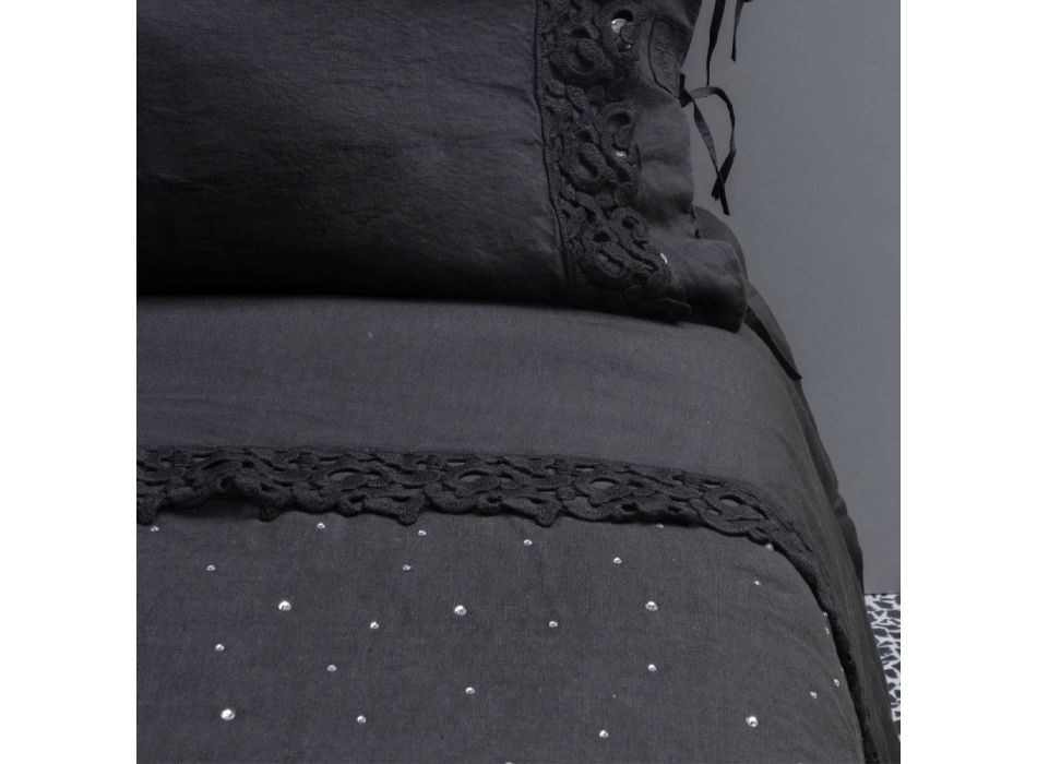 Housse de couette en lin noir avec cristaux pour lit double de luxe - Damante Viadurini