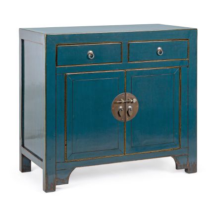 Buffet bas 2 portes et 2 tiroirs en bois d'orme bleu Homemotion - Konan Viadurini