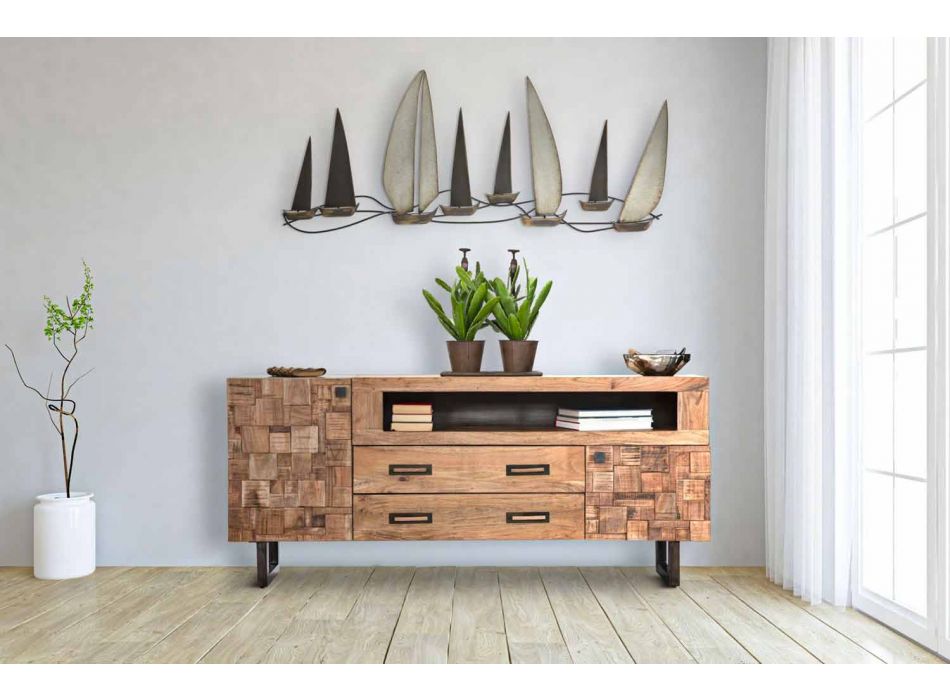 Buffet design en bois d'acacia et fer avec 2 portes et 2 tiroirs - Dalya Viadurini