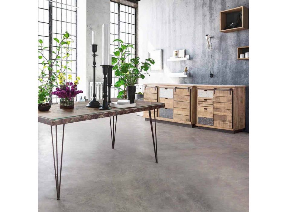 Buffet en bois et acier avec porte et 4 tiroirs Style industriel - Renza Viadurini