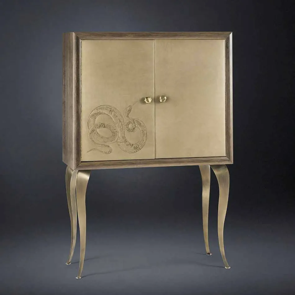 Buffet contemporain avec 2 portes en bois massif et cuir aniline Joy Viadurini