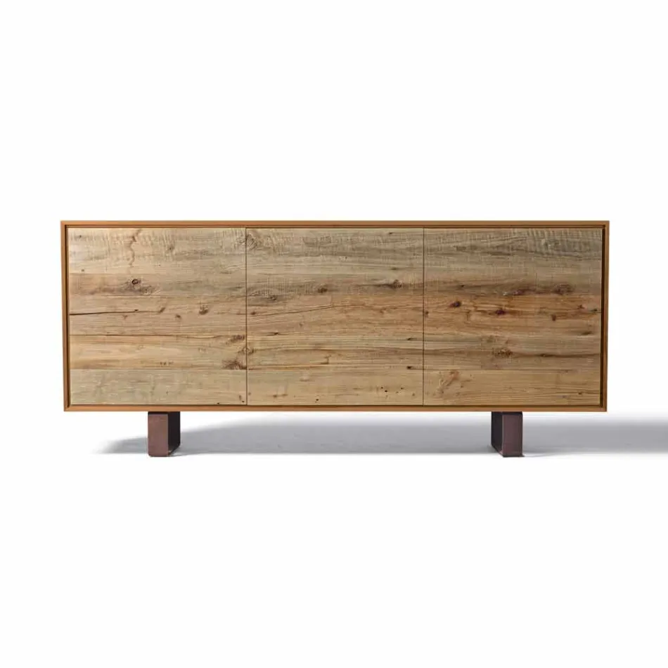 Buffet moderne avec 3 portes en noyer naturel, L 215 x P 50 cm, Flora Viadurini
