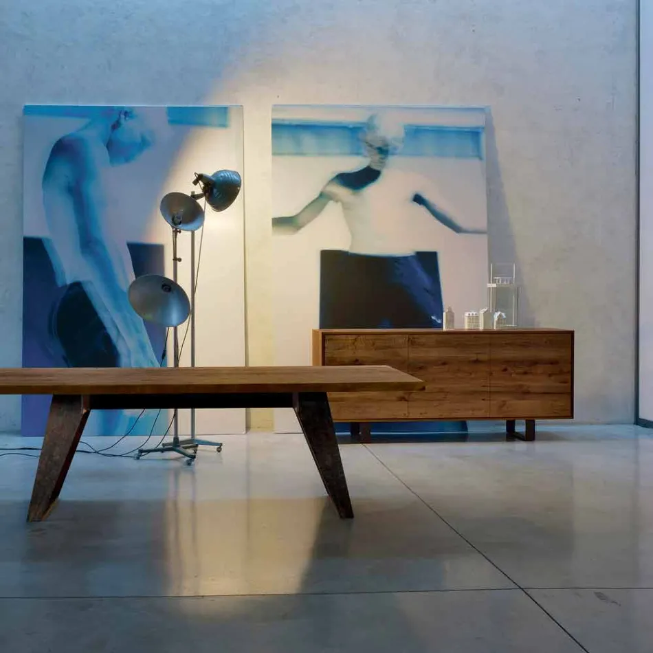 Buffet moderne avec 3 portes en noyer naturel, L 215 x P 50 cm, Flora Viadurini