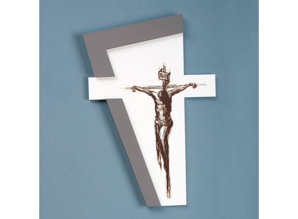 Crucifix blanc et gris réalisé avec gravure au laser Made in Italy - Egle Viadurini
