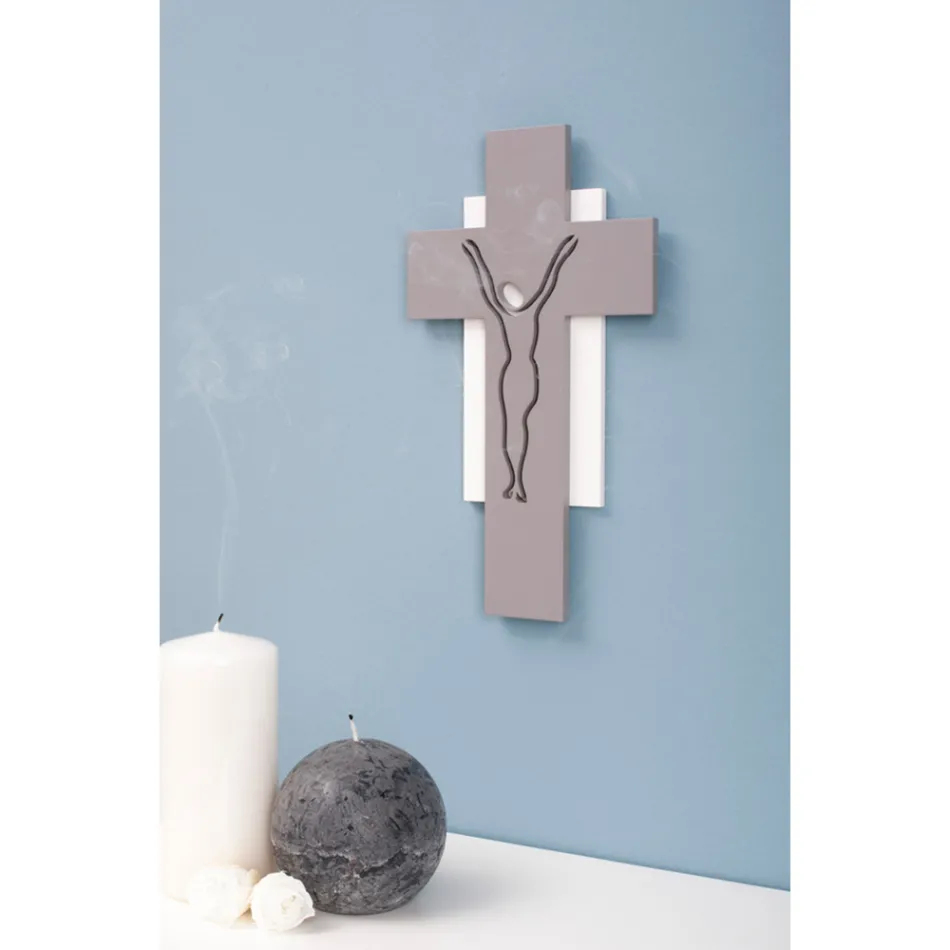 Crucifix Blanc et Gris Fabriqué avec Gravure au Laser Made in Italy - Nadia Viadurini
