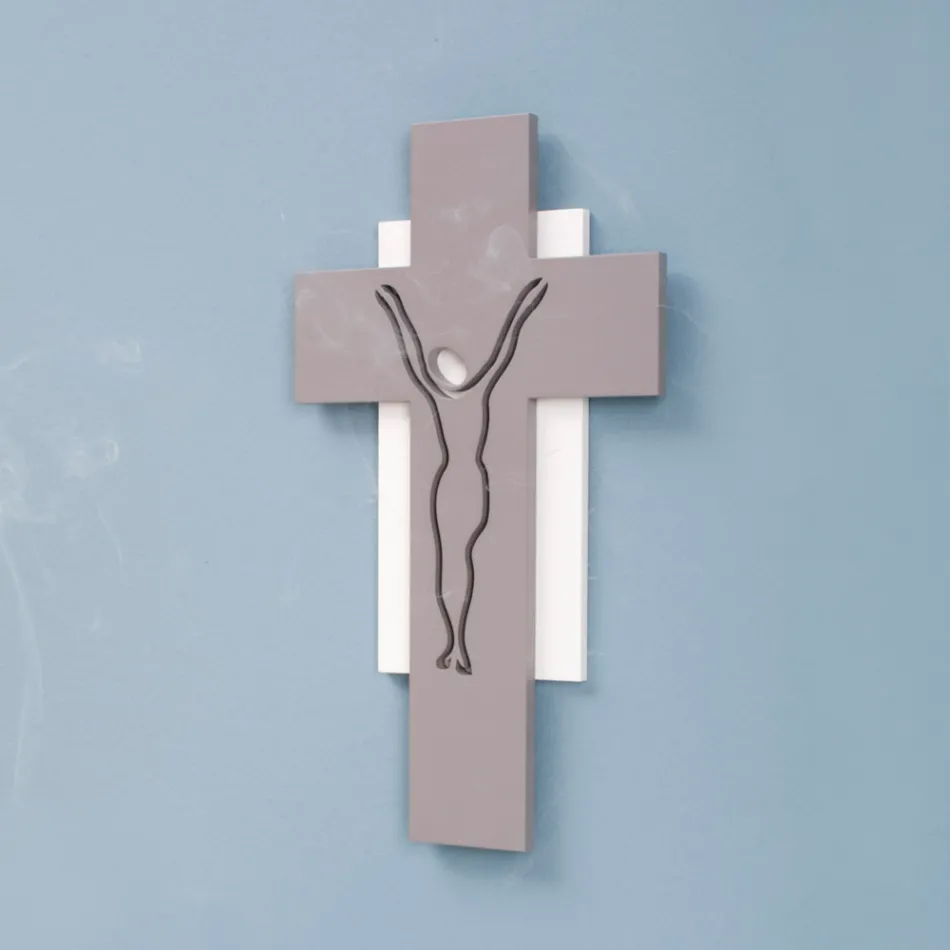 Crucifix Blanc et Gris Fabriqué avec Gravure au Laser Made in Italy - Nadia Viadurini