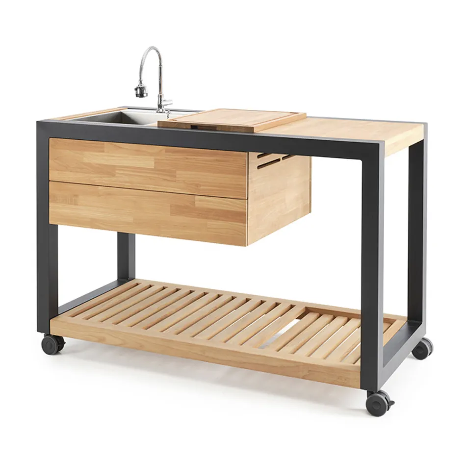 Cuisine d'extérieur 140x65x93 cm en teck massif et aluminium - Convivial Viadurini