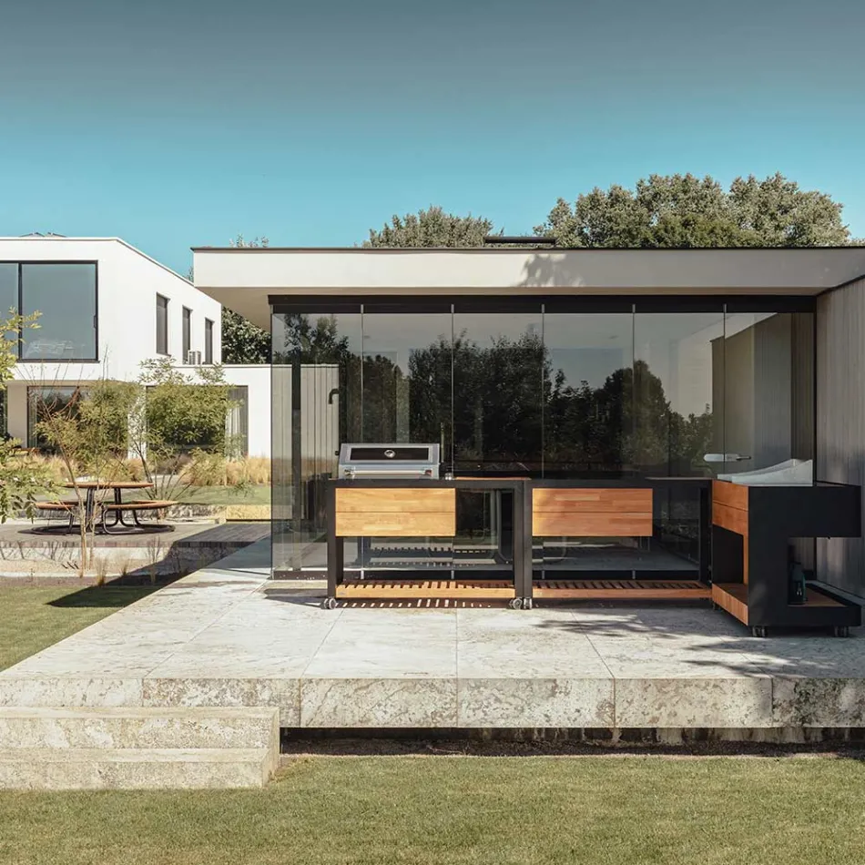 Cuisine d'extérieur 140x65x93 cm en teck massif et aluminium - Convivial Viadurini