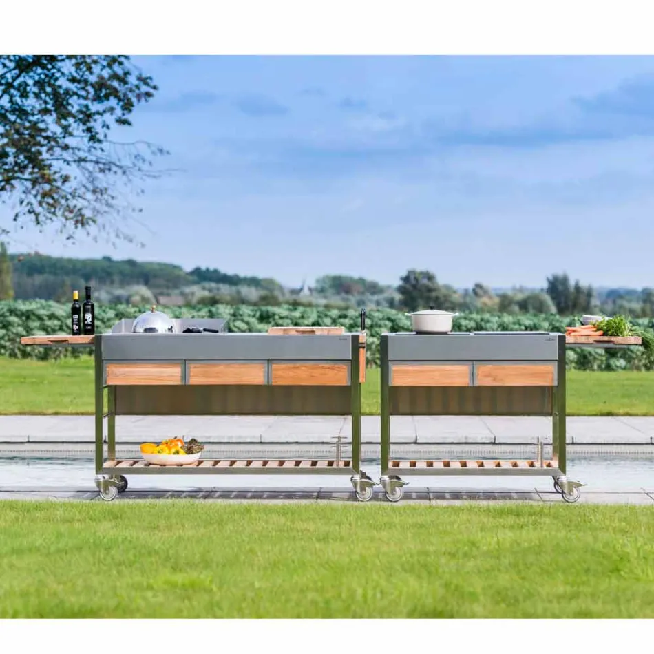 Cuisine de jardin extérieure moderne sur roues en bois et acier - Buoncalliope Viadurini