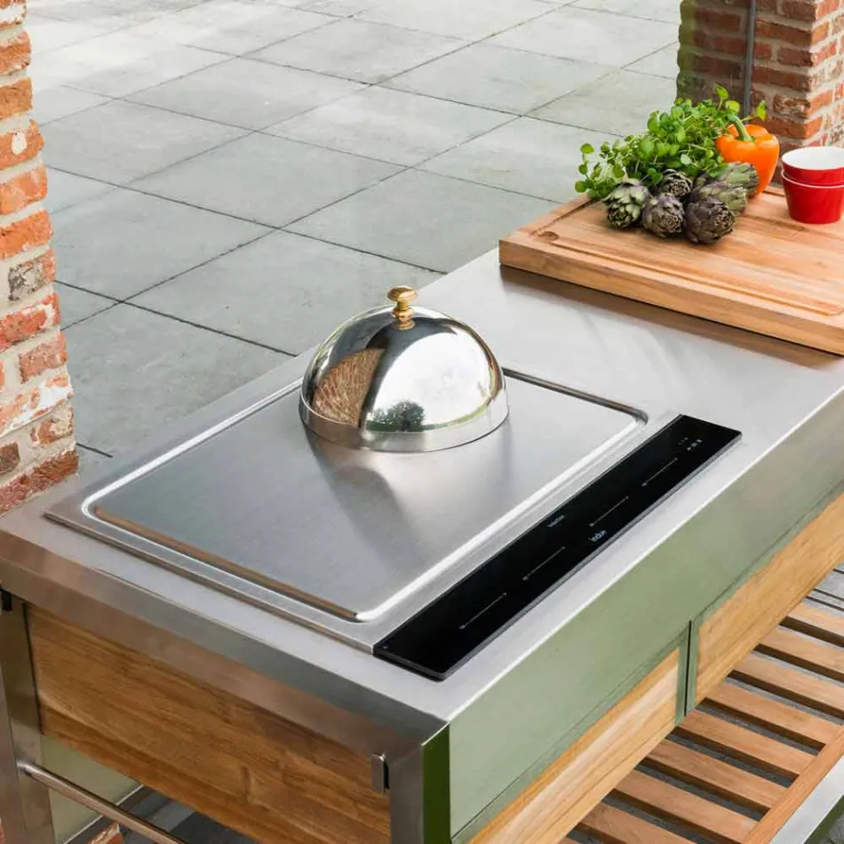 Cuisine de jardin extérieure moderne sur roues en bois et acier - Buoncalliope Viadurini