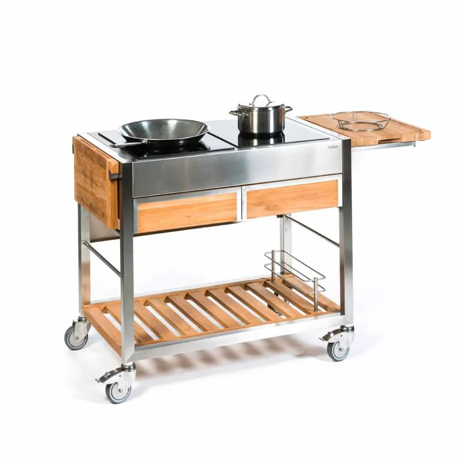 Cuisine de jardin extérieure moderne sur roues en bois et acier - Buoncalliope Viadurini