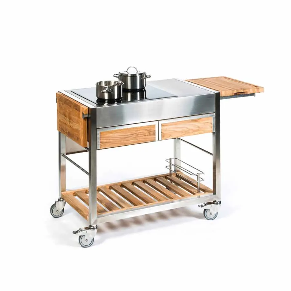 Cuisine de jardin extérieure moderne sur roues en bois et acier - Buoncalliope Viadurini