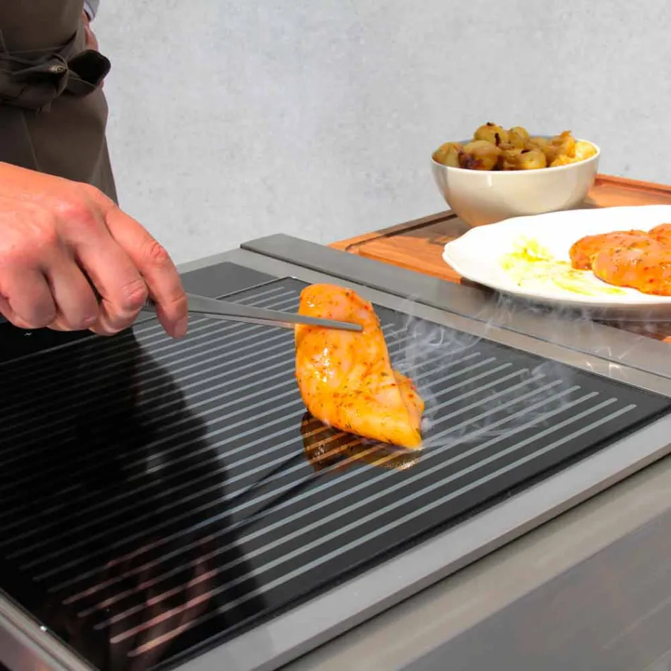 Cuisine de jardin extérieure moderne sur roues en bois et acier - Buoncalliope Viadurini