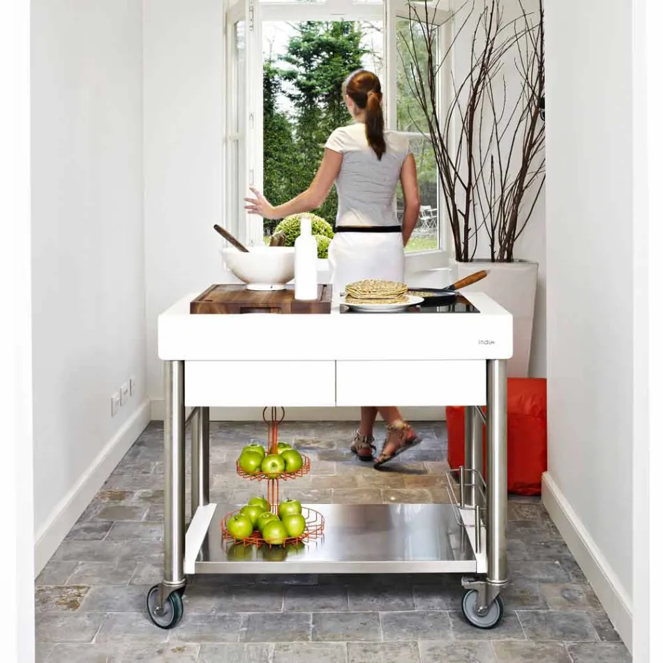 Cuisine moderne sur roulettes pour jardin extérieur en bois et acier - Calliope Viadurini